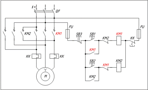 Схема управления асинхронными двигателями с реверсивным магнитным пускателем